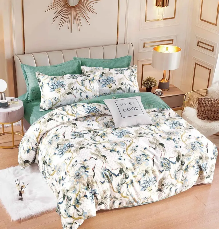 OFERTA 1+1 - Lenjerie de pat,6 Piese, finet,Crem/Verde ,Egreta-FJ183