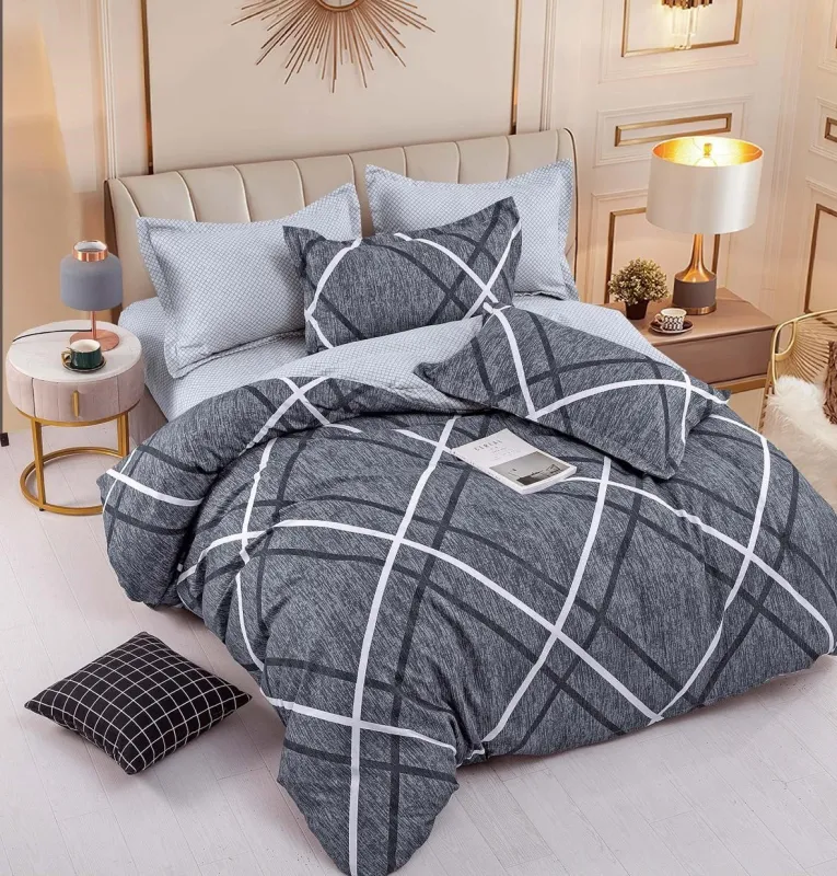 OFERTA 1+1 - Lenjerie de pat,6 Piese, finet,Gri cu carouri-FJ165