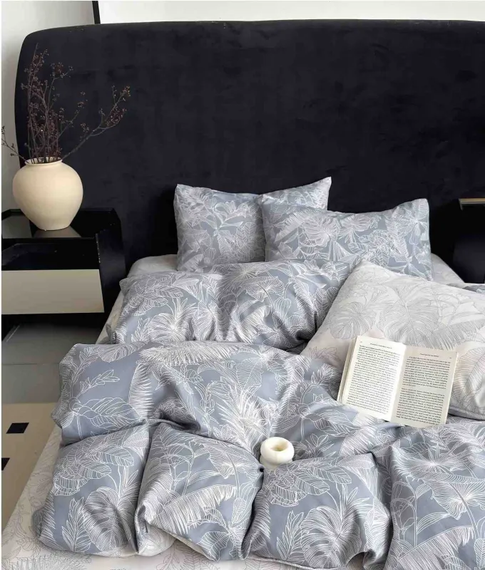 Lenjerii de pat finet JOJO - Lenjerie de pat,6 Piese, finet,Gri cu Frunze albe-FJ218