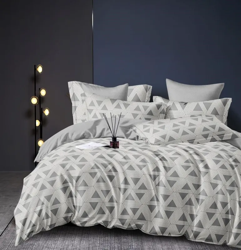 OFERTA 1+1 - Lenjerie de pat,6 Piese, finet,Gri cu Triunghiuri-FJ134