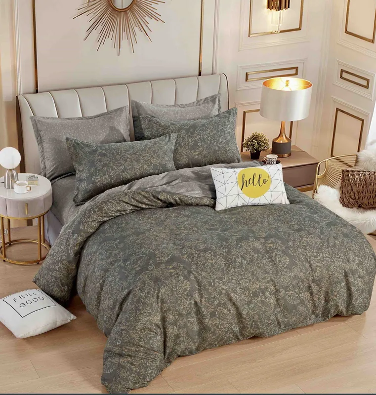 OFERTA 1+1 - Lenjerie de pat,6 Piese, finet,Maro cu frunzulite stilizate-FJ147