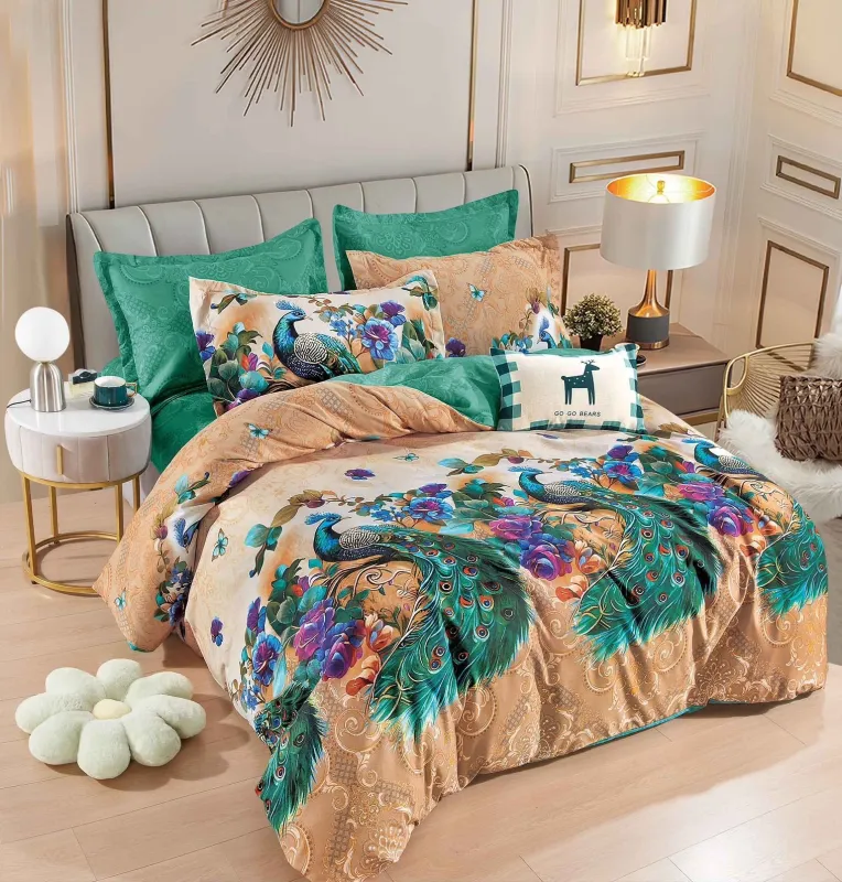 OFERTA 1+1 - Lenjerie de pat,6 Piese, finet,Maro/Verde cu Pauni colorati-FJ197