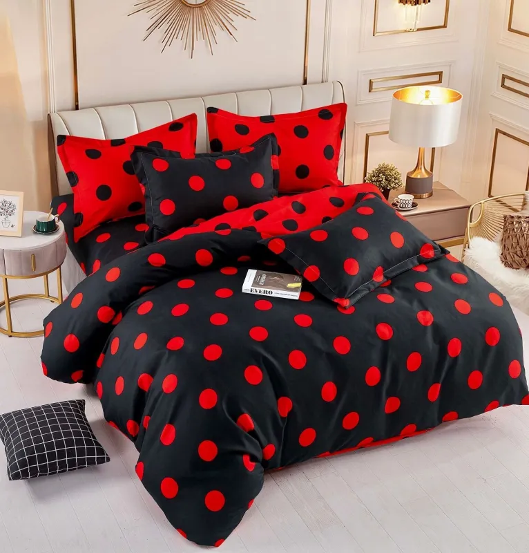 OFERTA 1+1 - Lenjerie de pat,6 Piese, finet,Negru/Rosu cu Buline-FJ169