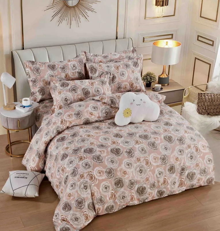 OFERTA 1+1 - Lenjerie de pat,6 Piese, finet,Portocaliu cu Trandafiri-FJ214