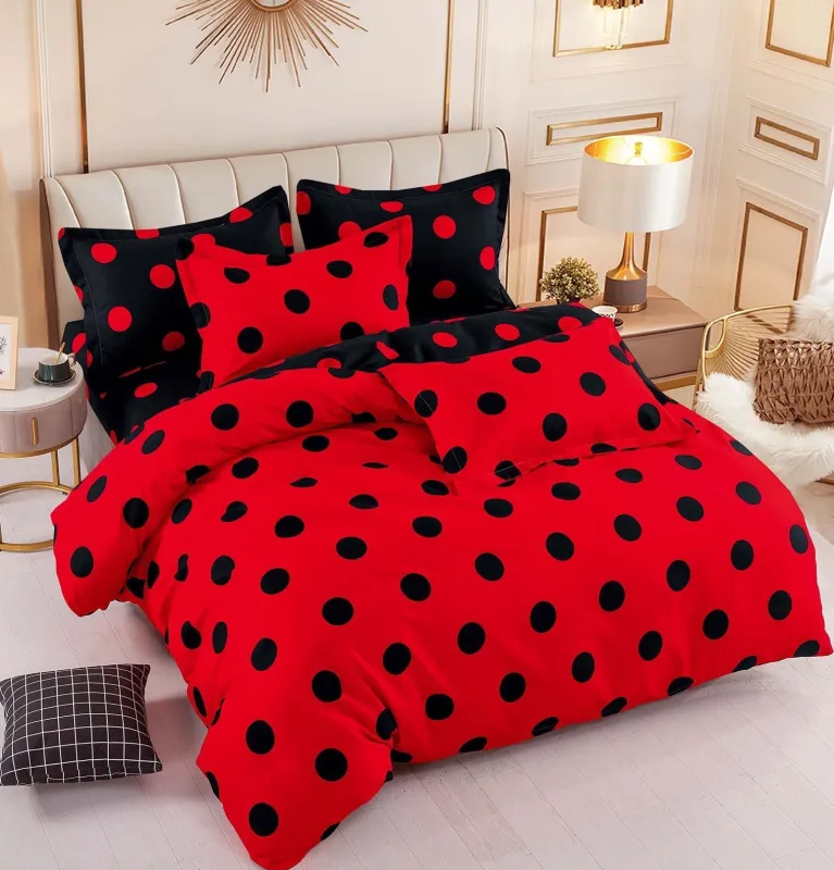 OFERTA 1+1 - Lenjerie de pat,6 Piese, finet,Rosu/Negru cu Buline-FJ174