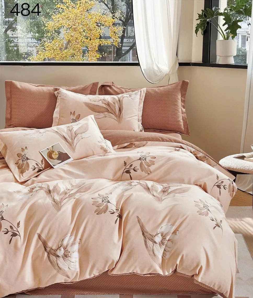 OFERTA 1 DEC LENJERII - Lenjerie de pat 6 piese finet, roz cu flori delicate maronii-GR484