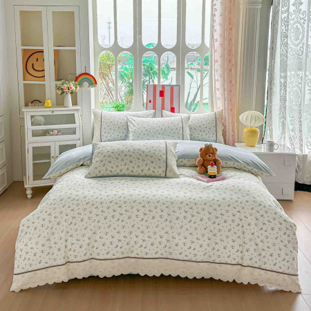 Lenjerie de pat bumbac 100% cu Elastic si broderie,4 piese crem cu floricele mici în stil clasic-BJ1 [1]