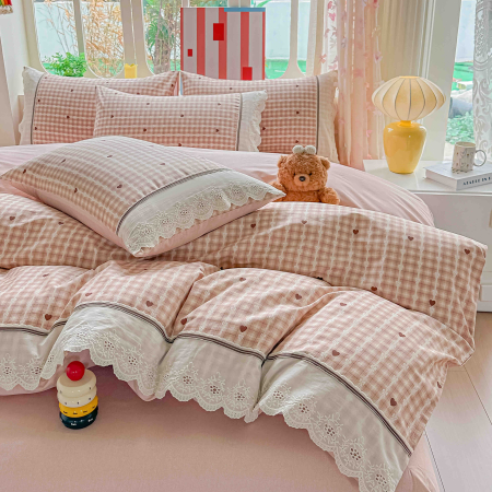 Lenjerie de pat bumbac 100% cu Elastic si broderie,4 piese roz cu carouri și inimioare brodate-BJ13 [3]