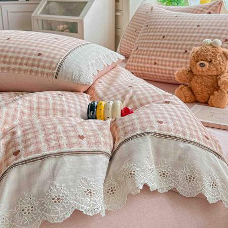 Lenjerie de pat bumbac 100% cu Elastic si broderie,4 piese roz cu carouri și inimioare brodate-BJ13 [2]