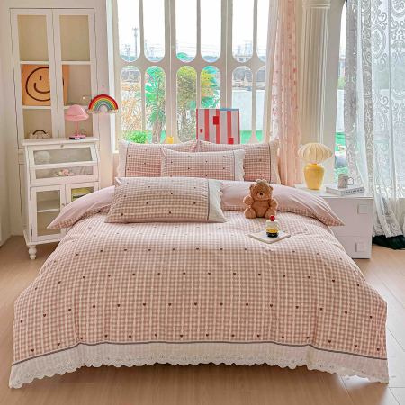 Lenjerii de pat Bumbac 100% - Lenjerie de pat bumbac 100% cu Elastic si broderie,4 piese roz cu carouri și inimioare brodate-BJ13