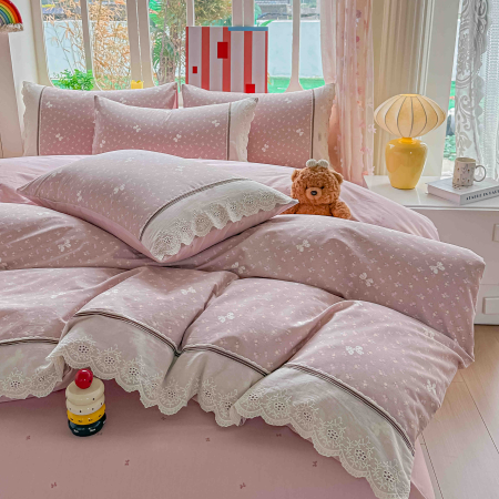 Lenjerie de pat bumbac 100% cu Elastic si broderie,4 piese roz cu floricele albe și detalii dantelate-BJ9 [3]