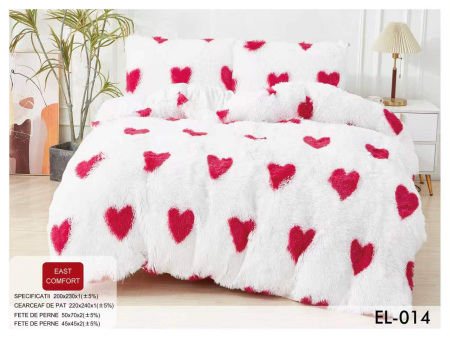 Lenjerii de pat Cocolino - Lenjerie de pat Cocolino 4 piese Fluffy,Super pufoase,Alb cu inimioare rosii-GB2