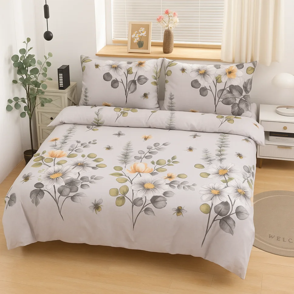 Lenjerii de pat Cocolino - Lenjerie de pat Cocolino 4 piese, gri cu flori si albine-LN38
