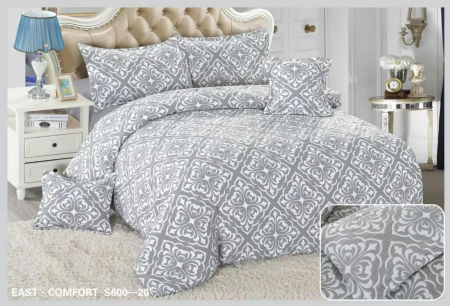 Lenjerii Creponate - Lenjerie de pat Creponata,Pat dublu,cu Elastic,Gri deschis cu flori albe-S620