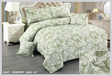 Lenjerii Creponate - Lenjerie de pat Creponata,Pat dublu,cu Elastic,Verde pal cu imprimeu floral-S607