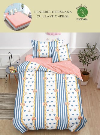 LENJERII DE PAT 1 PERSOANA & COPII - Lenjerie de pat cu elastic 4 piese, model dungi și inimioare-YE32