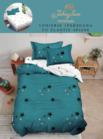 LENJERII DE PAT 1 PERSOANA & COPII - Lenjerie de pat cu elastic 4 piese, model stelute, turcoaz-YE02