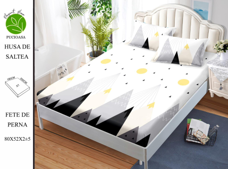 HUSE DE PAT - Husa de pat FINET CU ELASTIC Triunghiuri Geometric Alb-Negru-Galben 180x200 + 2 fete de perna-HG225