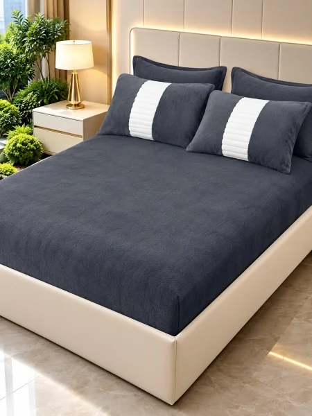 Lenjerie de pat cu Pilota Inclusa, Cearceaf cu Elastic, 6 Piese, Blană de Iepure Artificială gri cu alb, dungi largi-RBY5 [3]