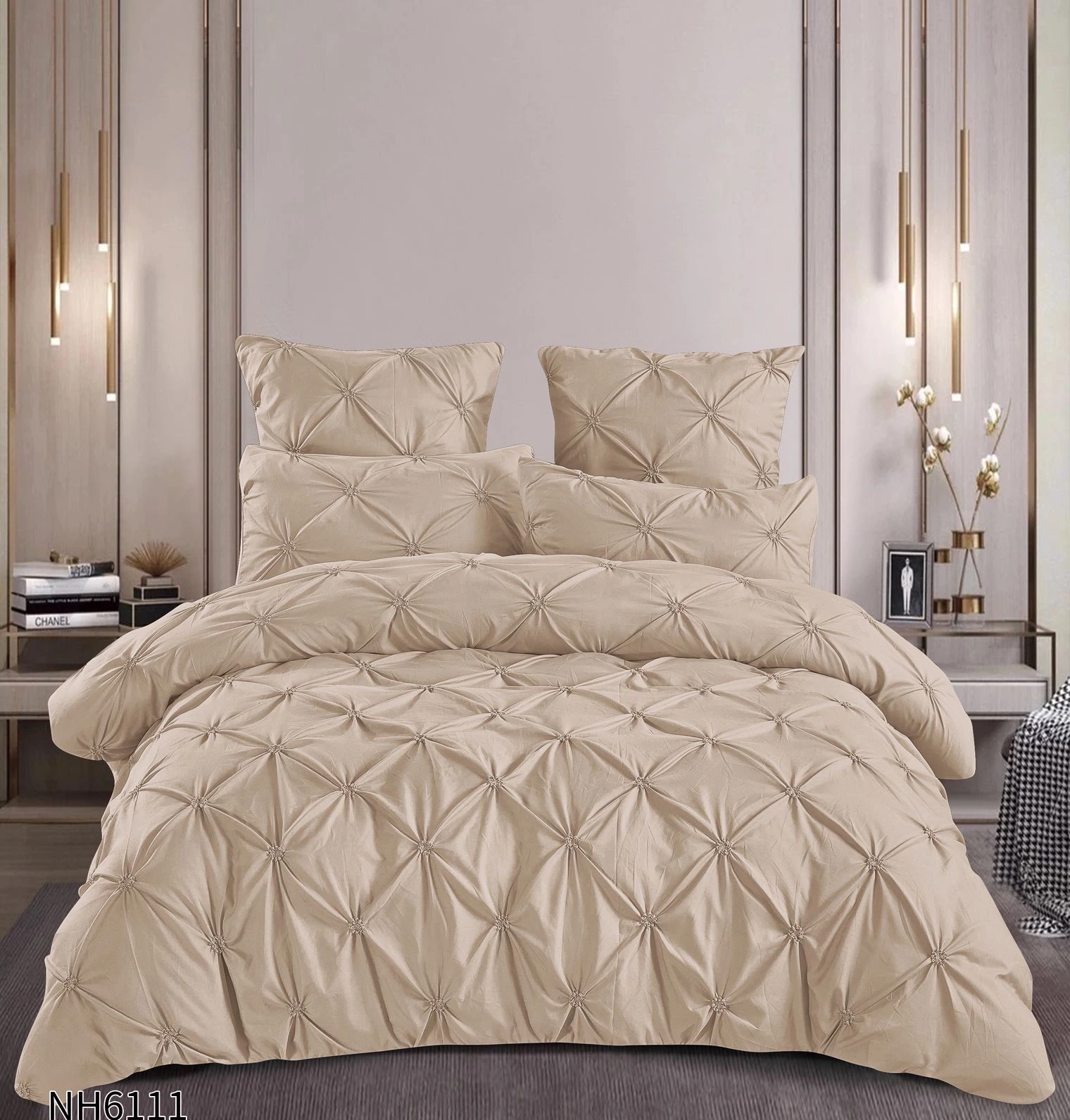 Lenjerii de pat Finet cu PLIURI - Lenjerie de pat cu Pliuri Elegante din finet,cearceaf cu ELASTIC crem cu plise decorative-NH6111