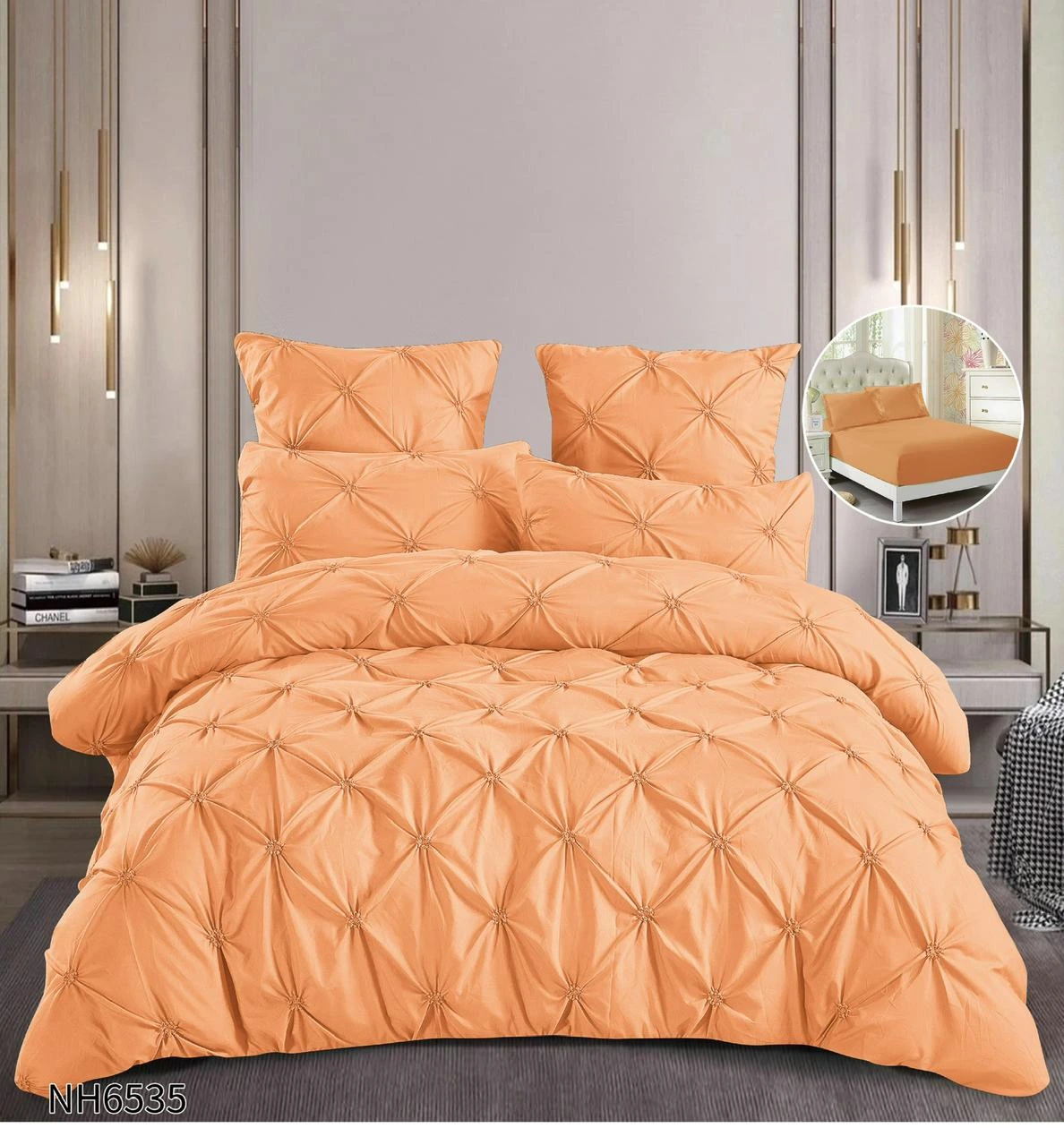 Lenjerii de pat Finet cu PLIURI - Lenjerie de pat cu Pliuri Elegante din finet,cearceaf cu ELASTIC portocalie cu model captusit geometric-NH6535