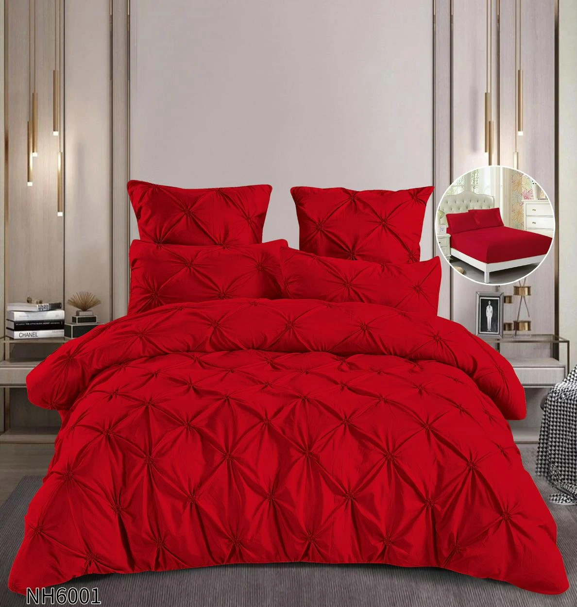 Lenjerii de pat Finet cu PLIURI - Lenjerie de pat cu Pliuri Elegante din finet,cearceaf cu ELASTIC roșu cu pliuri geometrice-NH6001
