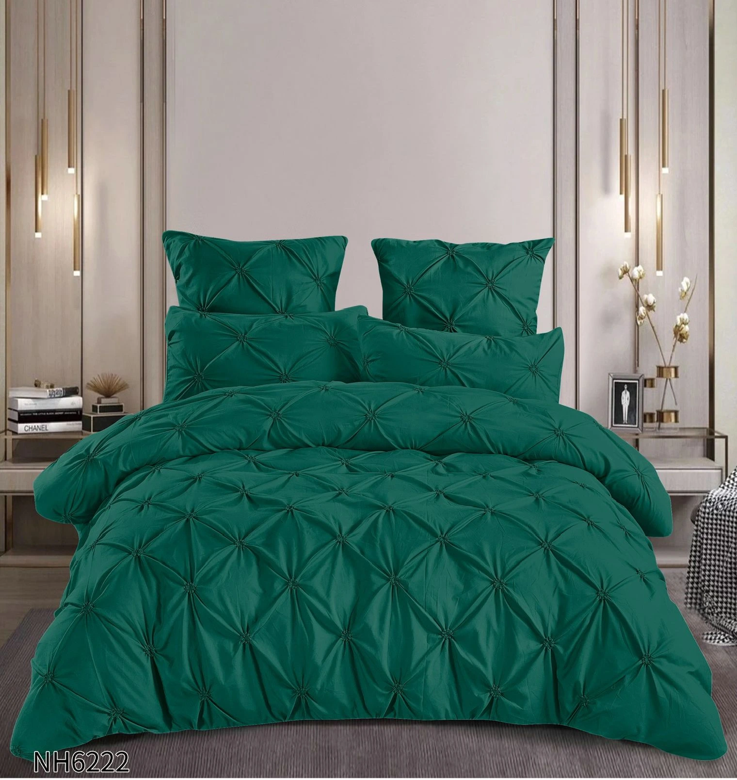 Lenjerii de pat Finet cu PLIURI - Lenjerie de pat cu Pliuri Elegante din finet,cearceaf cu ELASTIC verde închis cu textura pintuita 3D-NH6222