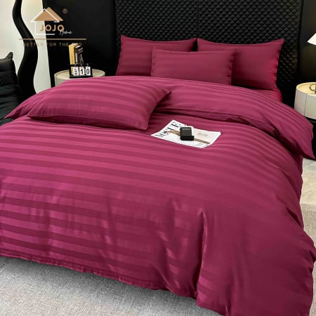 Lenjerii de pat Bumbac 100% - Lenjerie de pat Damasc 100% Bumbac 6 Piese, Cearsaf cu Elastic damasc mov-magenta striat-JJ2