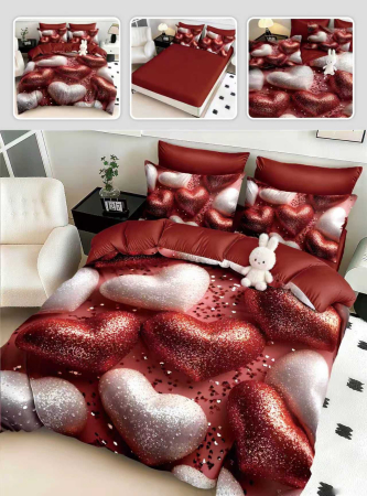 Lenjerii Mos Craciun - Lenjerie de pat din finet 5D cu Elastic,Inimioare rosii si albe sclipitoare-BD19