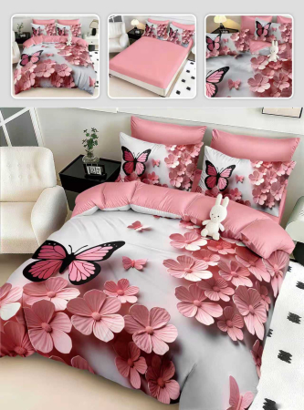 Lenjerii Mos Craciun - Lenjerie de pat din finet 5D cu Elastic, imprimeu vibrant cu flori si fluturi roz-BD2