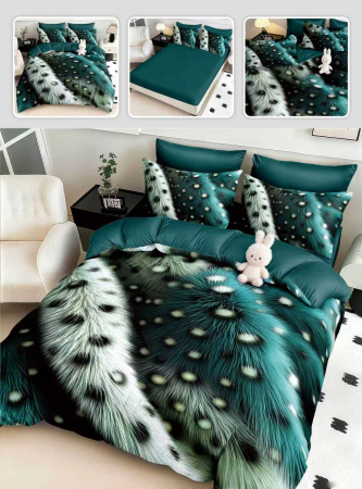 Lenjerii Mos Craciun - Lenjerie de pat din finet 5D cu Elastic,  pene de păun în nuanțe de verde smarald și albastru turcoaz-BD1