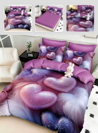 Lenjerii Mos Craciun - Lenjerie de pat din finet 5D cu Elastic, Inimioare sclipitoare mov-BD13