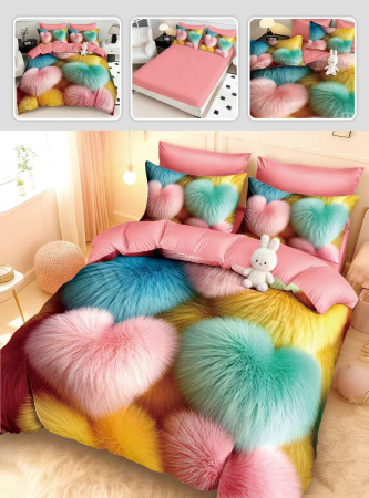 Lenjerii Mos Craciun - Lenjerie de pat din finet 5D cu Elastic, imprimeu inimioare pufoase-BD3