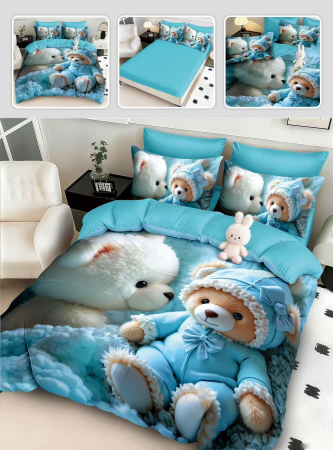 Lenjerii Mos Craciun - Lenjerie de pat din finet 5D cu Elastic, imprimeu Ursulet albastru-BD12