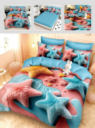 Lenjerii Mos Craciun - Lenjerie de pat din finet 5D cu Elastic, Stelute pufoase colorate-BD14