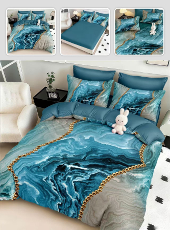Lenjerii Mos Craciun - Lenjerie de pat din finet 5D cu Elastic, imprimeu Marmorat in nuante de turcoaz-BD16