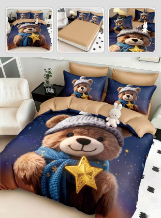 Lenjerii Mos Craciun - Lenjerie de pat din finet 5D cu Elastic, Ursulet brun cu fular si steluta-BD7