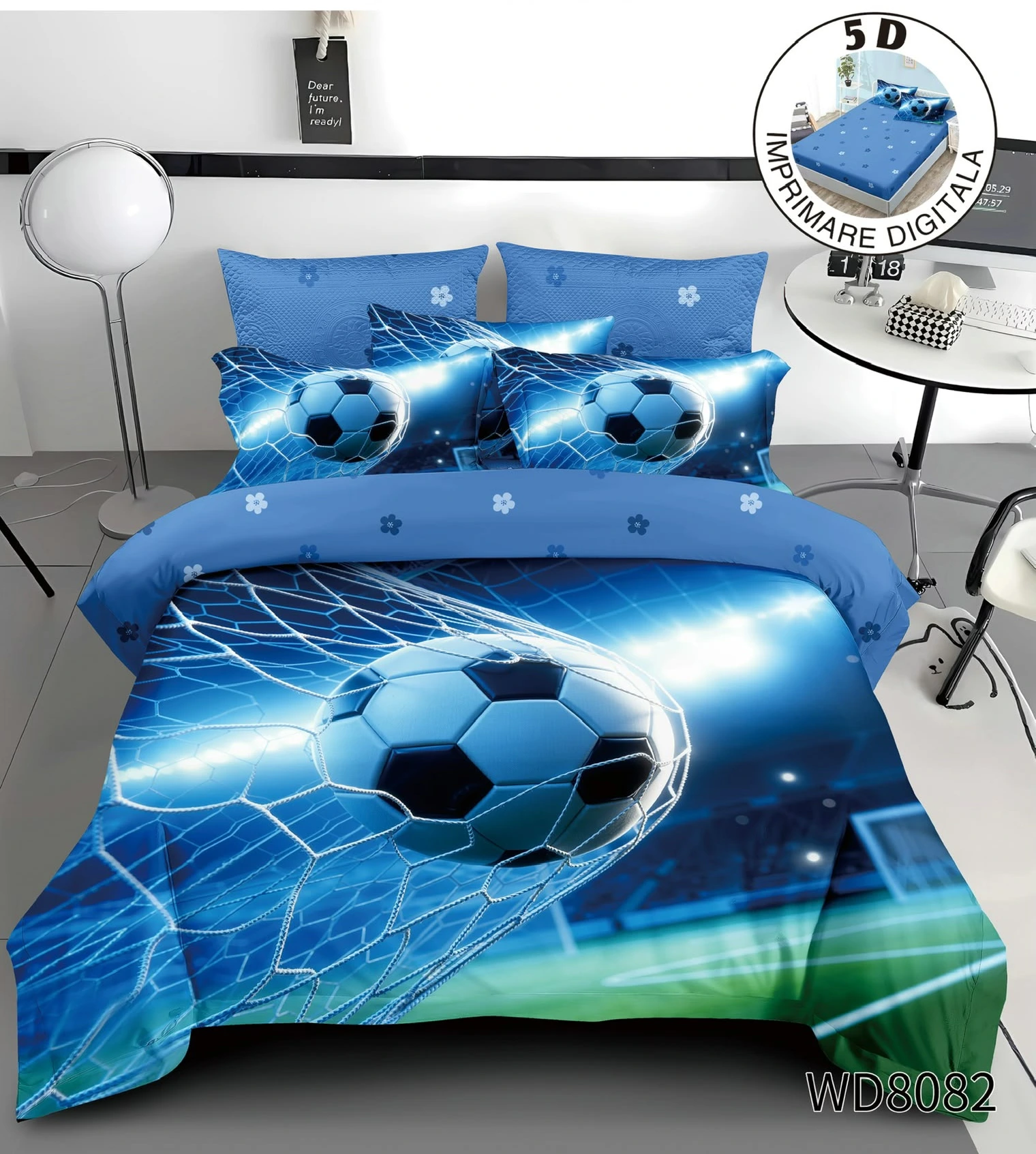 Lenjerie de pat 5D cu elastic - Lenjerie de pat din finet,5D,cu elastic Pat dublu,4 piese albastru cu minge de fotbal și gol-WD8082