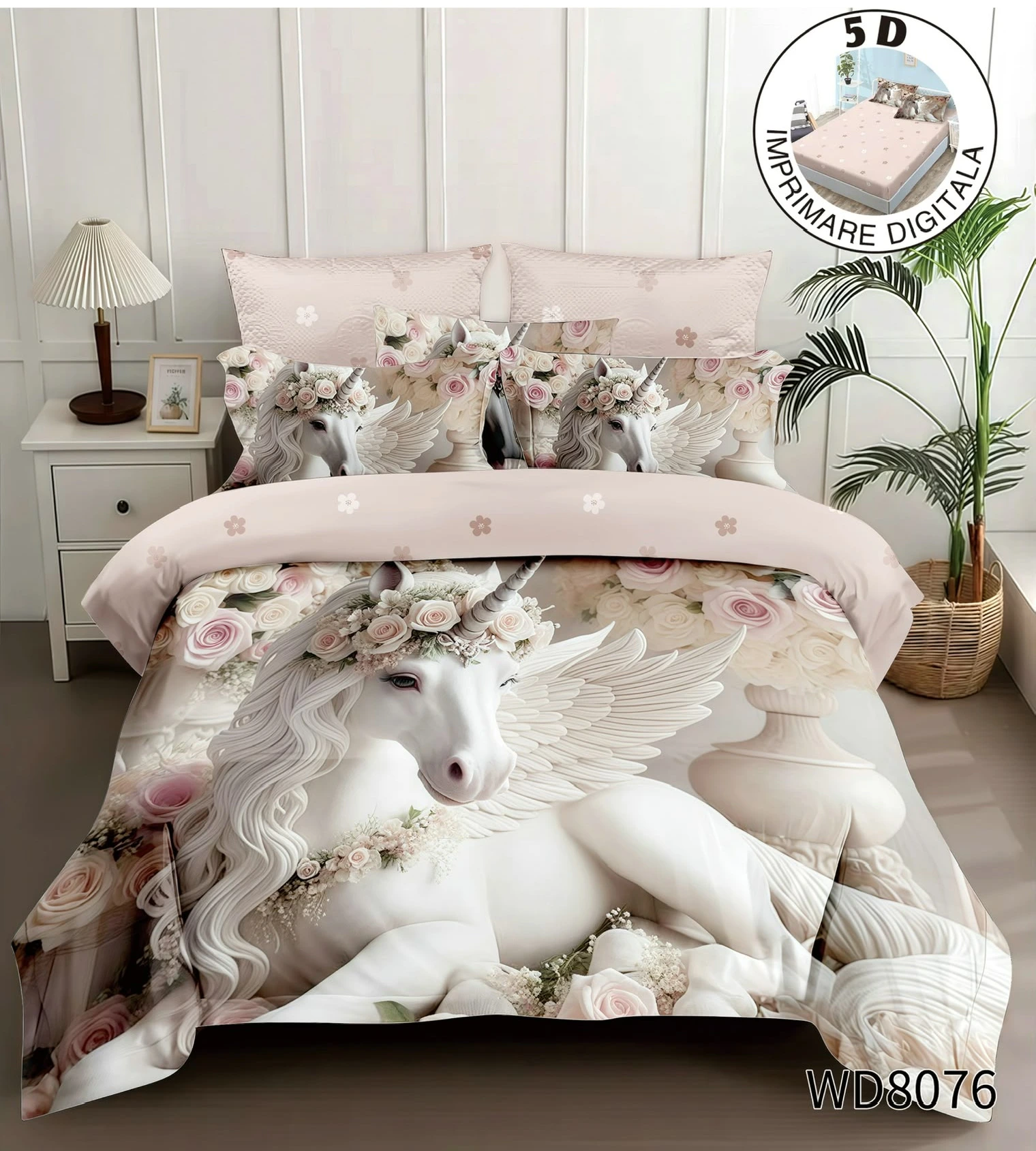 Lenjerie de pat 5D cu elastic - Lenjerie de pat din finet,5D,cu elastic Pat dublu,4 piese crem cu unicorn alb și trandafiri roz-WD8076