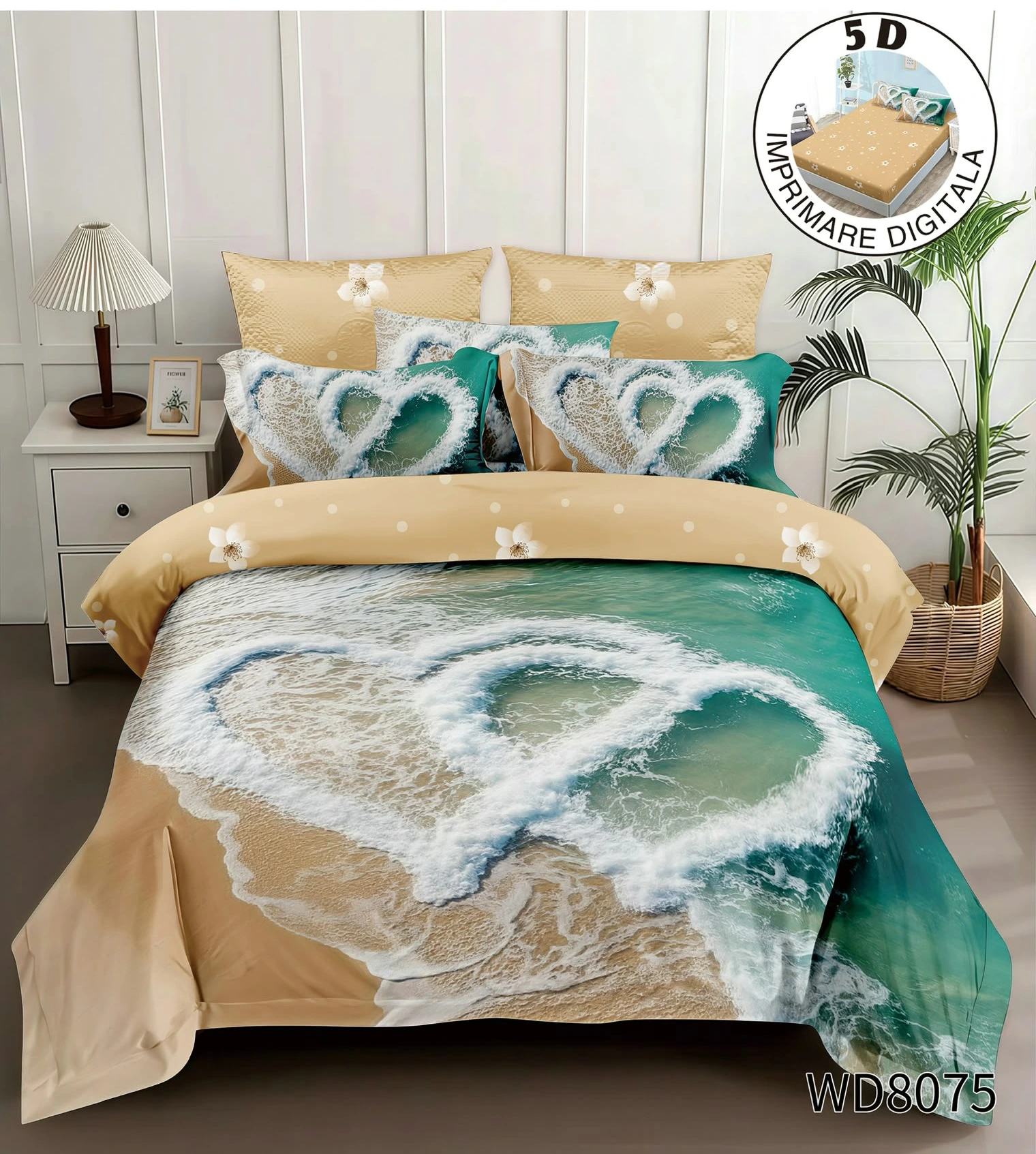 Lenjerie de pat 5D cu elastic - Lenjerie de pat din finet,5D,cu elastic Pat dublu,4 piese crem și turcoaz cu valuri de ocean-WD8075