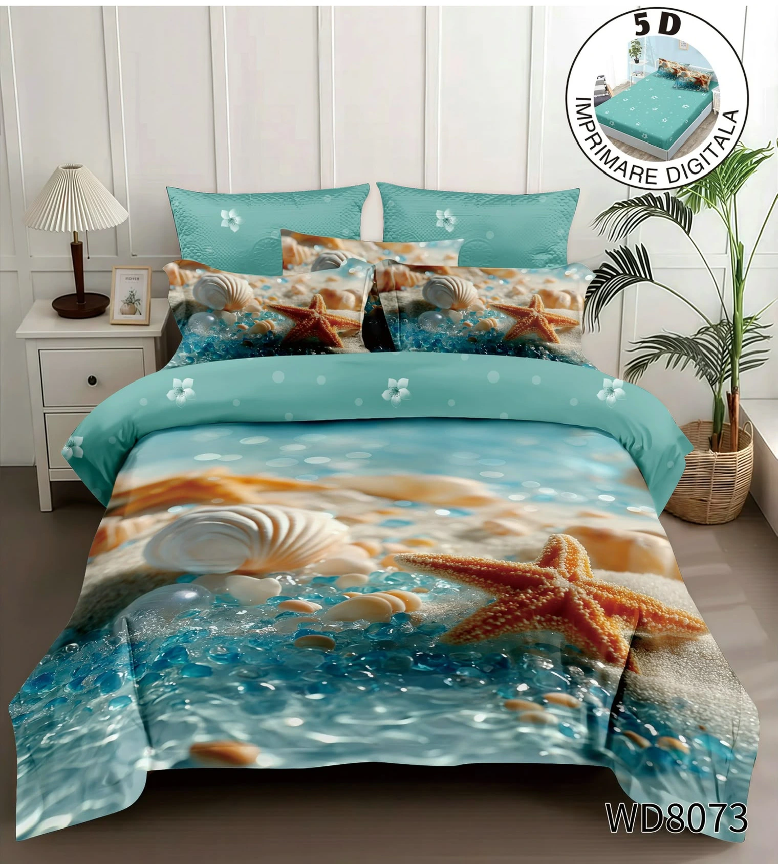 Lenjerie de pat 5D cu elastic - Lenjerie de pat din finet,5D,cu elastic Pat dublu,4 piese turcoaz cu scoici și stele de mare 3D-WD8073