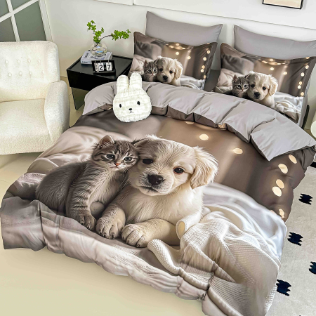 Lenjerie de pat din finet 5D cu Elastic turcoaz gri cu pisică și câine-BD31 [3]