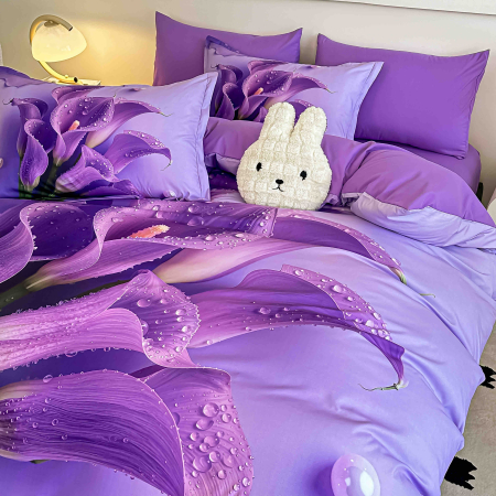 Lenjerie de pat din finet 5D cu Elastic turcoaz mov cu cale violet si picături-BD27 [3]