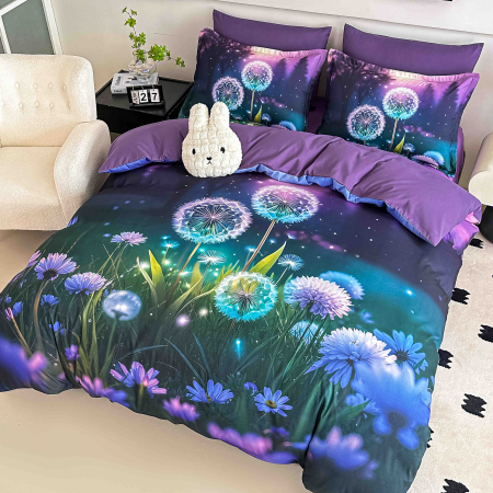 Lenjerie de pat din finet 5D cu Elastic turcoaz mov cu flori glow și păpădii pe fond negru-BD34 [3]
