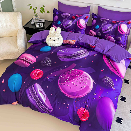 Lenjerie de pat din finet 5D cu Elastic turcoaz mov cu planete și macaroane colorate 3D-BD29 [3]