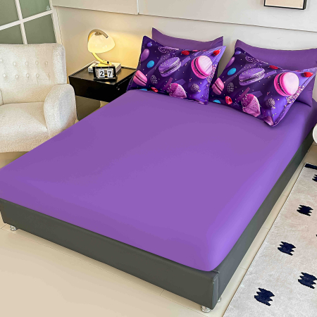 Lenjerie de pat din finet 5D cu Elastic turcoaz mov cu planete și macaroane colorate 3D-BD29 [1]