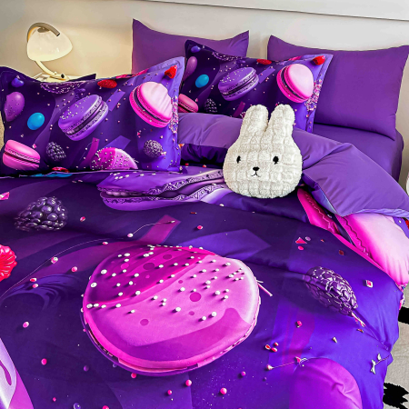 Lenjerie de pat din finet 5D cu Elastic turcoaz mov cu planete și macaroane colorate 3D-BD29 [2]