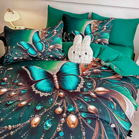 Lenjerie de pat din finet 5D cu Elastic turcoaz verde cu fluturi turcoaz și decorații cristale-BD38 [2]