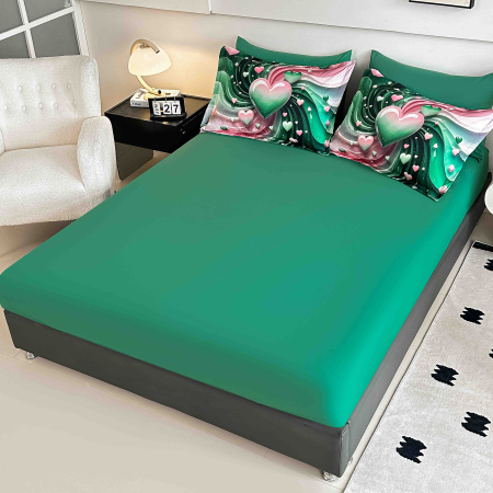 Lenjerie de pat din finet 5D cu Elastic turcoaz verde și roz cu inimioare și frunze-BD36 [1]