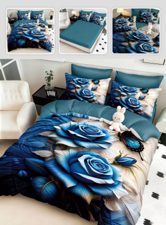 Lenjerii Mos Craciun - Lenjerie de pat din finet 5D cu Elastic, Trandafiri albastri-BD9